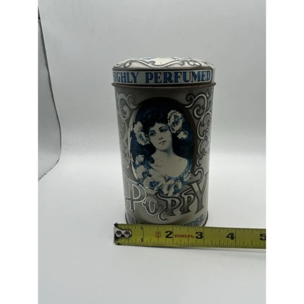 Vintage Poppy Talcum Powder Highly Perfumed Metal Tin Empty Made In England Blue
